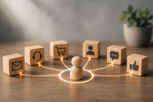 A central customer figure connected to multiple service channels—including email, support, shopping, chat, and feedback—illustrating how AI unifies customer interactions into a seamless experience.