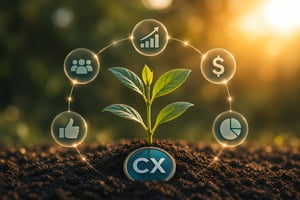 A young plant growing from rich soil, surrounded by connected business icons representing customer satisfaction, revenue, growth, and analytics.