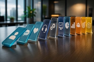 A row of colorful acrylic dominoes with business icons toppling across a conference table, symbolizing how small organizational failures can cascade into larger customer experience problems.