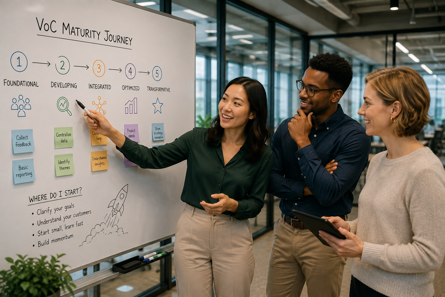 Team reviewing a Voice of the Customer maturity roadmap on a whiteboard.