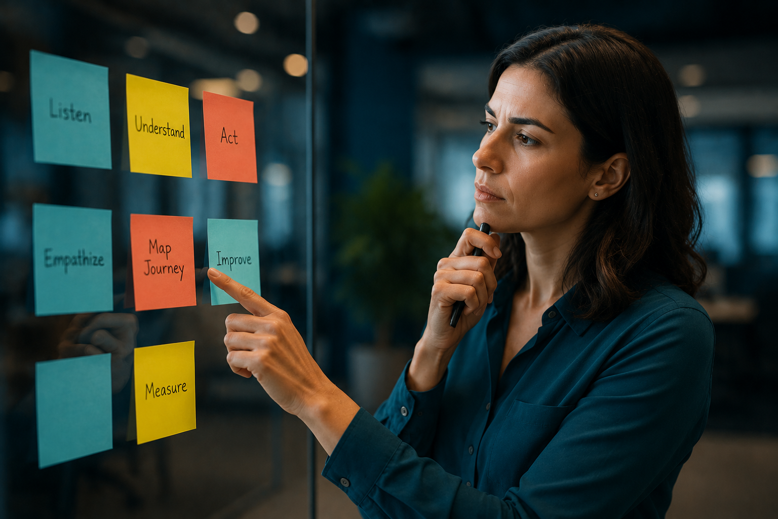 A candid office scene of a professional thoughtfully reviewing a visual planning board with colorful notes representing stages of a customer experience process, emphasizing careful planning, prioritization, and continuous improvement.