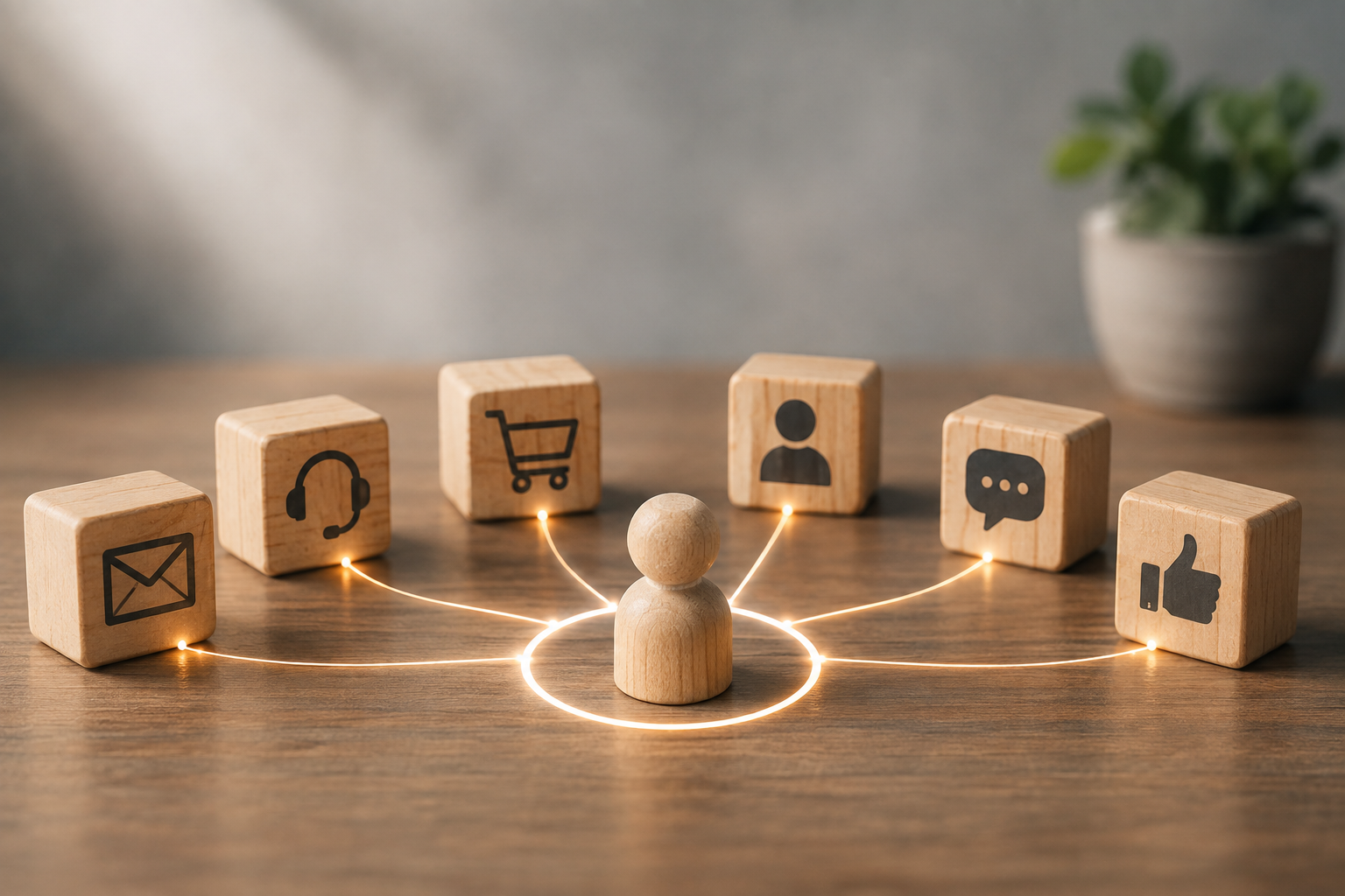A central customer figure connected to multiple service channels—including email, support, shopping, chat, and feedback—illustrating how AI unifies customer interactions into a seamless experience.