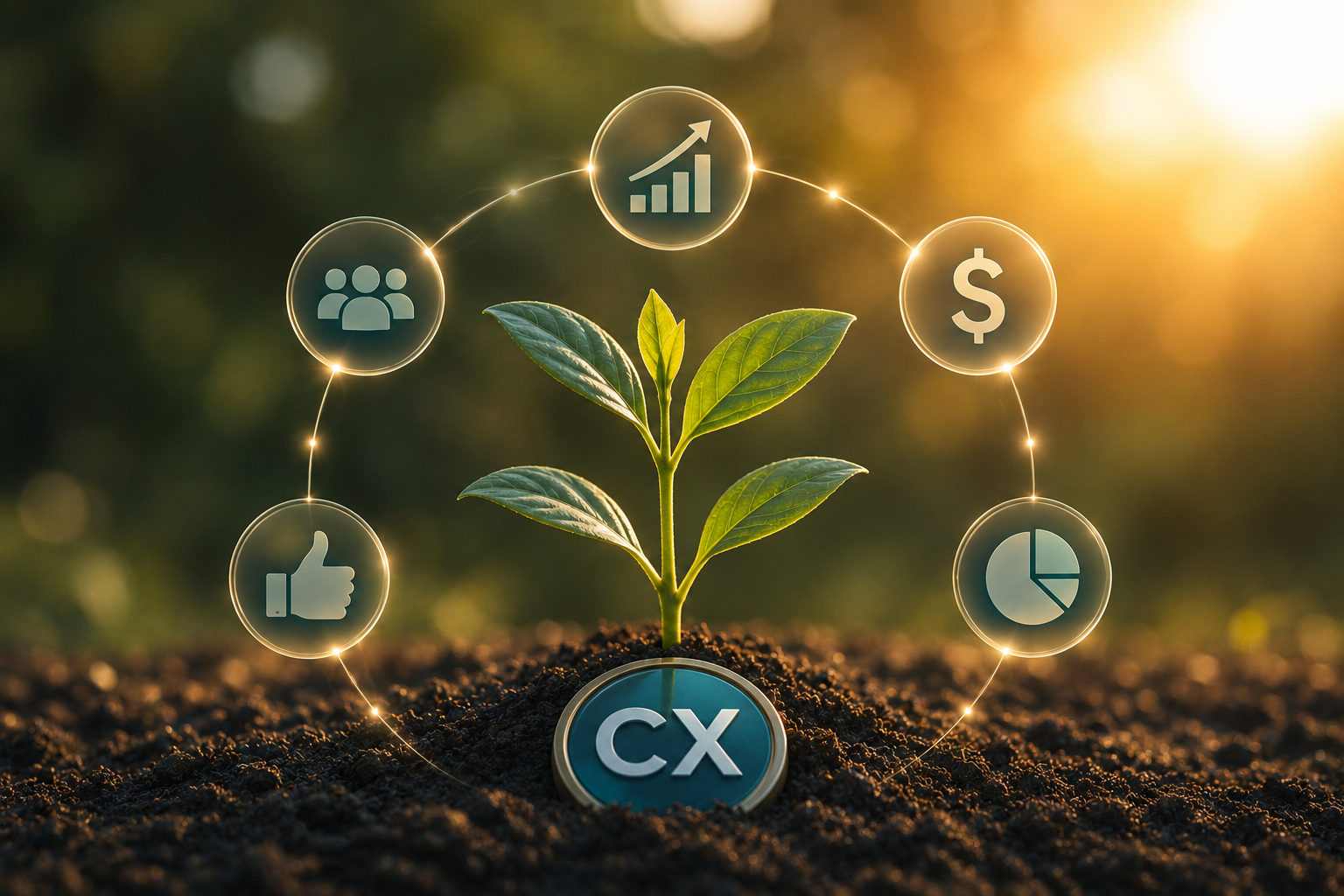 A young plant growing from rich soil, surrounded by connected business icons representing customer satisfaction, revenue, growth, and analytics.