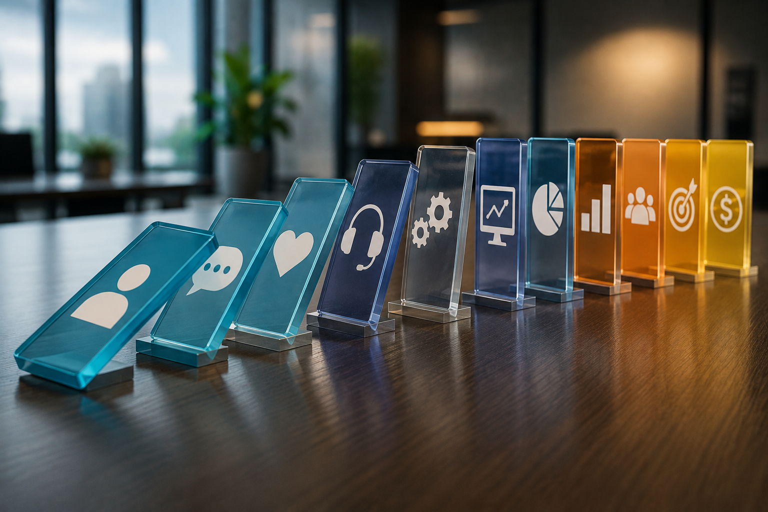 A row of colorful acrylic dominoes with business icons toppling across a conference table, symbolizing how small organizational failures can cascade into larger customer experience problems.