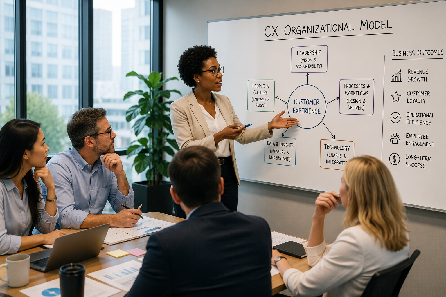 Team discussing a customer experience organizational model during a strategy meeting.