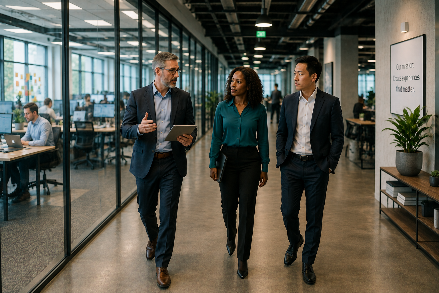 Three business leaders walk together through a modern open-plan office, engaged in conversation while discussing strategy, as employees collaborate in the background, conveying organizational alignment and leadership in action.