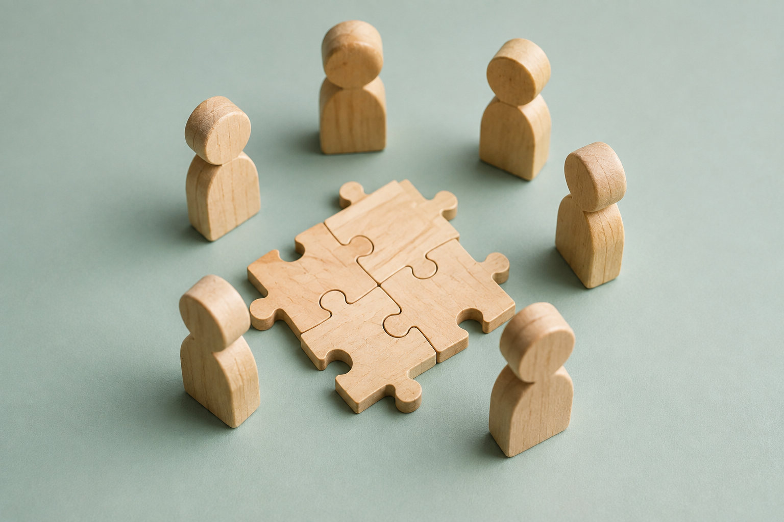 Wooden figures gathered around interlocking puzzle pieces, symbolizing teams working together to break down organizational silos and align around the customer.